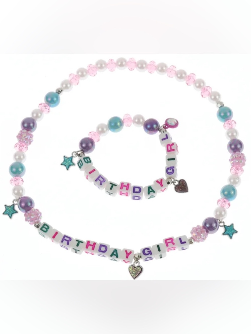 ❤️ NWT Birthday Girl Beaded Necklace Bracelet Set Pink Purple Teal Girl Jewelry